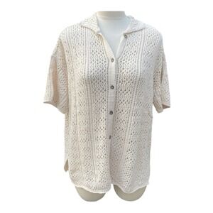 Rip Curl Cream Crochet Collared Button-Up Knit Top XS 100% Cotton NWT